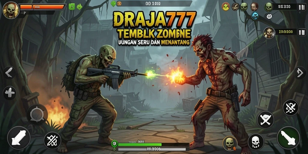Tampilan antarmuka DRAJA777 saat menembak zombie dengan berbagai senjata.