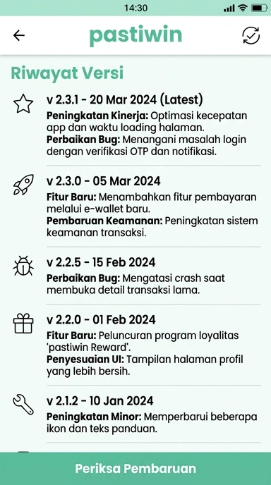 Halaman Riwayat Versi Pastiwin untuk Pengguna Android